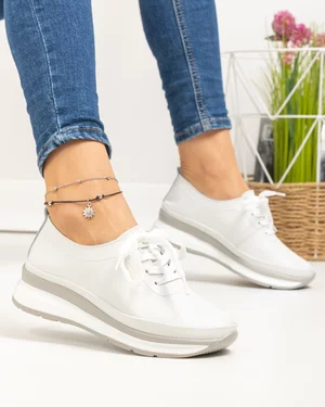 Pantofi casual dama piele naturala albi cu inchidere sireturi T-9001