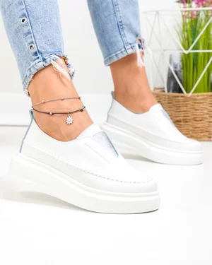 Pantofi casual dama piele naturala albi cu inchidere slip-on si insertie elastica T6060
