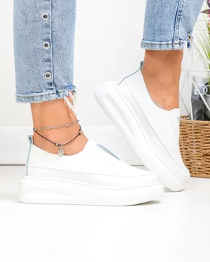 Pantofi casual dama piele naturala albi cu inchidere slip-on si insertie elastica T6060