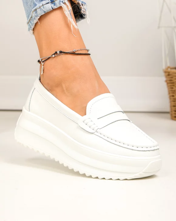 Pantofi casual dama piele naturala albi cu inchidere slip-on si talpa groasa F001-776