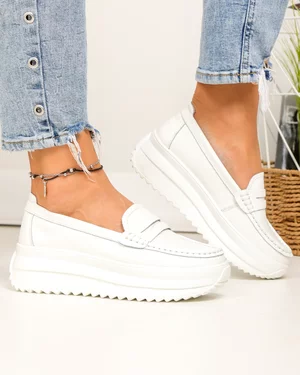 Pantofi casual dama piele naturala albi cu inchidere slip-on si talpa groasa F001-776