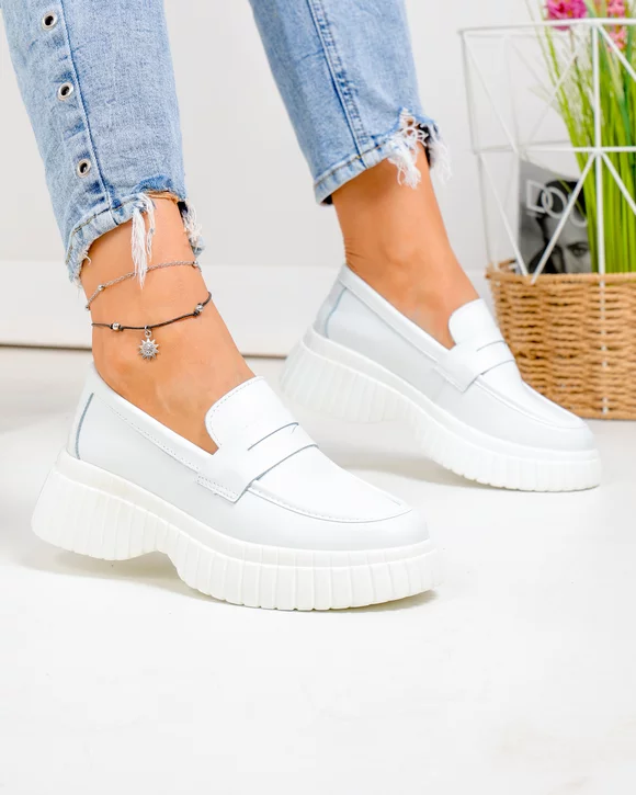 Pantofi casual dama piele naturala albi cu inchidere slip-on T6085