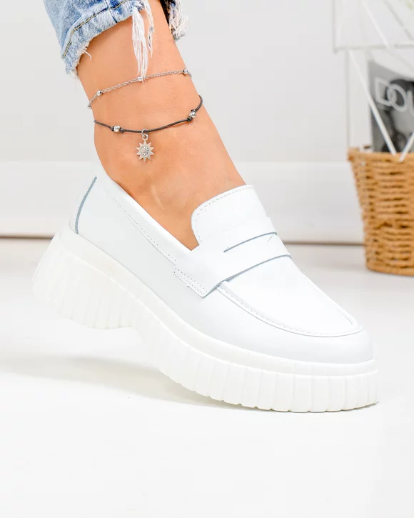 Pantofi casual dama piele naturala albi cu inchidere slip-on T6085