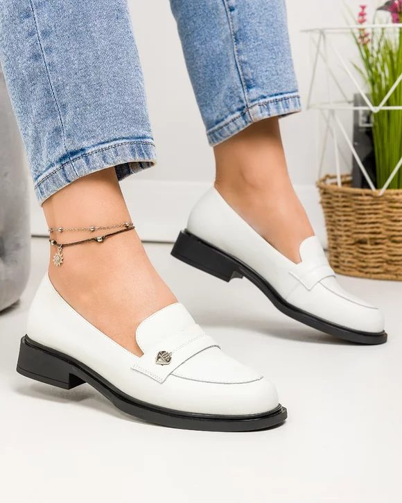 Pantofi casual dama piele naturala albi cu inchidere slip-on TN6417-3