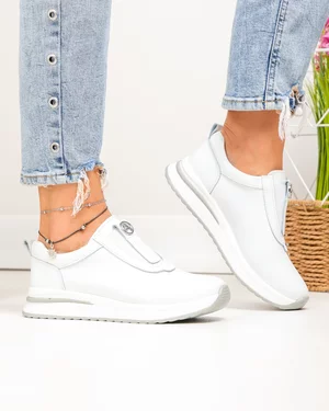 Pantofi Casual - Pantofi casual dama piele naturala albi cu insertie elastica si inchidere slip-on T6090