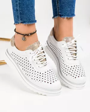 Pantofi casual dama piele naturala albi cu insertie sclipici auriu si inchidere sireturi T-3054
