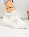 Pantofi casual dama piele naturala albi cu model floral din panza textila F001-848 1
