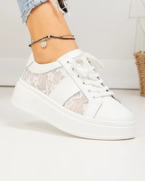 Pantofi casual dama piele naturala albi cu model floral din panza textila F001-848