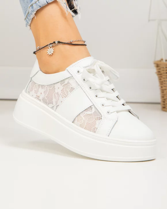 Pantofi casual dama piele naturala albi cu model floral din panza textila F001-848