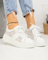 Pantofi casual dama piele naturala albi cu model floral din panza textila F001-848 3
