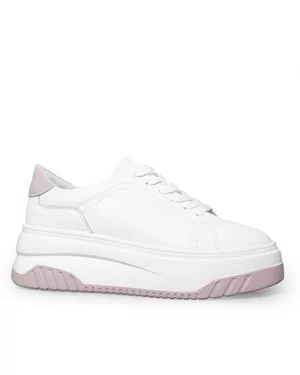 Pantofi casual dama piele naturala albi cu mov cu inchidere sireturi F001-657