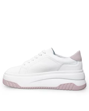 Pantofi casual dama piele naturala albi cu mov cu inchidere sireturi F001-657