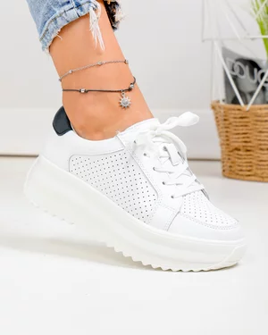 Pantofi Casual - Pantofi casual dama piele naturala albi cu negru si inchidere sireturi T-2008