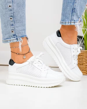 Pantofi casual dama piele naturala albi cu negru si inchidere sireturi T-2008