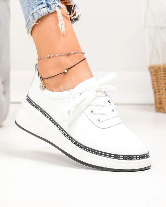 Pantofi Casual - Pantofi casual dama piele naturala albi cu negru si talpa flexibila JY6700