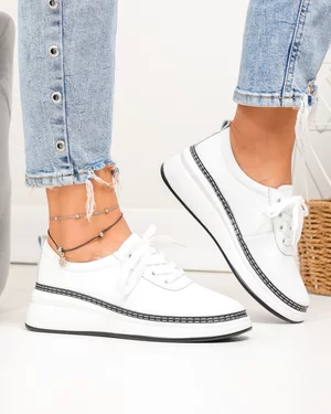Pantofi casual dama piele naturala albi cu negru si talpa flexibila JY6700