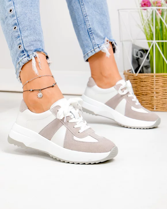 Pantofi Casual - Pantofi casual dama piele naturala albi cu piele intoarsa gri T-8077