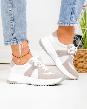 Pantofi casual dama piele naturala albi cu piele intoarsa gri T-8077