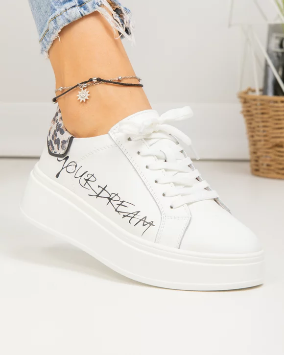 Pantofi casual dama piele naturala albi cu print la calcai si inscriptie pe lateral F001-832