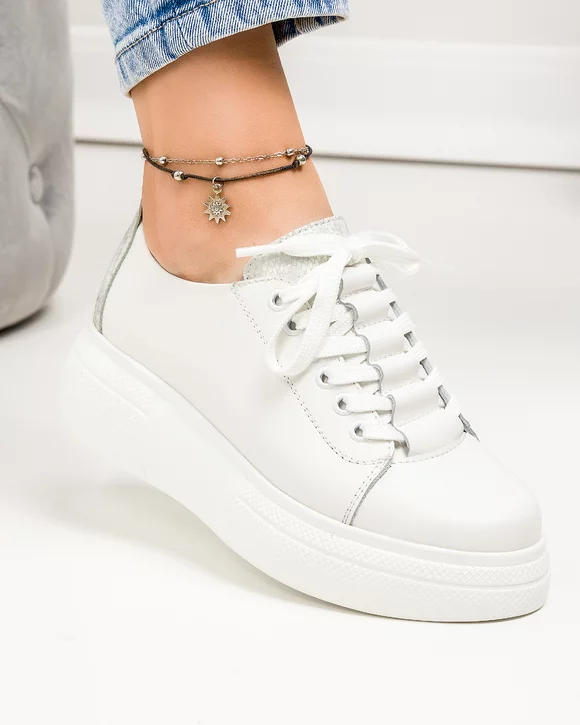 Pantofi casual dama piele naturala albi cu inchidere sireturi accesorizati la calcai ASTI213