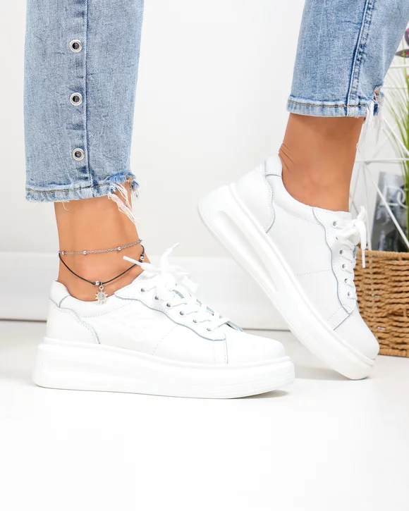 Pantofi casual dama piele naturala albi cu sireturi T6053