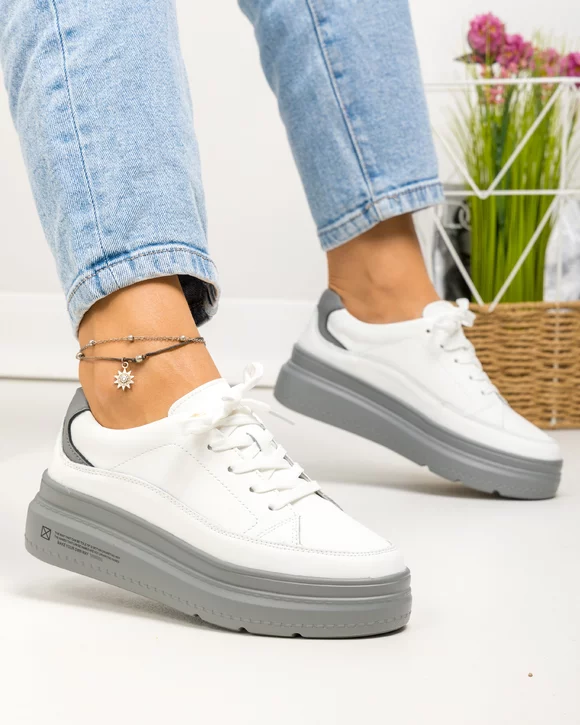 Pantofi casual dama piele naturala albi cu talpa gri F001-771