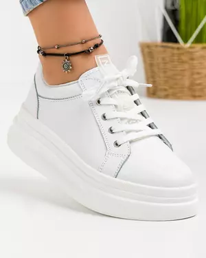 Pantofi casual dama piele naturala albi cu talpa groasa AW468