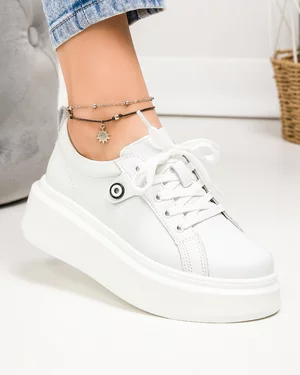Pantofi casual dama piele naturala albi cu talpa groasa si detaliu lateral T-5807