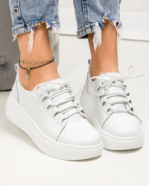Pantofi casual dama piele naturala albi cu talpa groasa si inchidere siret elastic T-5941