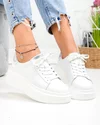 Pantofi casual dama piele naturala albi cu talpa groasa si inchidere sireturi F002-389 5