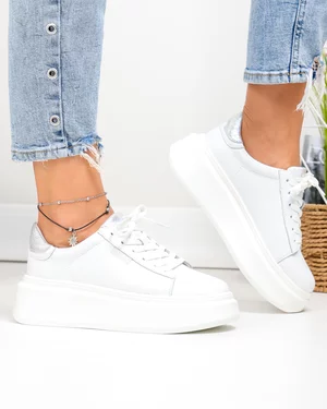 Pantofi casual dama piele naturala albi cu talpa groasa si inchidere sireturi F002-389