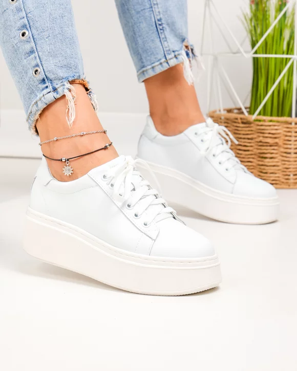 Pantofi Casual - Pantofi casual dama piele naturala albi cu talpa groasa si inchidere sireturi PC207