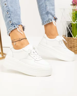 Pantofi casual dama piele naturala albi cu talpa groasa si varf rotund F001-772