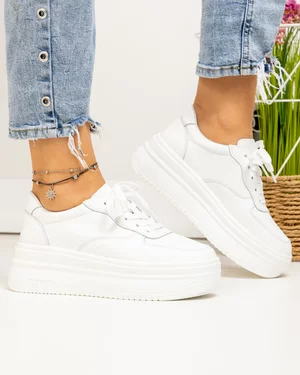 Pantofi casual dama piele naturala albi cu talpa groasa si varf rotund F001-772