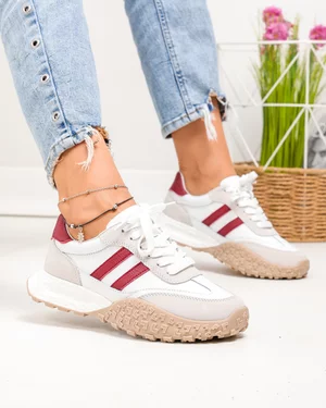 Pantofi casual dama piele naturala albi cu visiniu si varf rotund JY6590