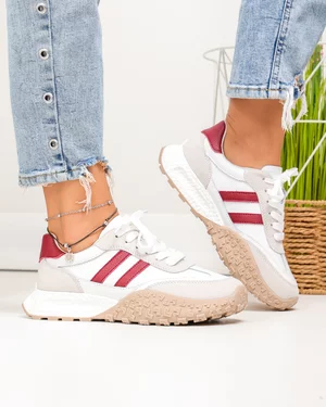 Pantofi Casual - Pantofi casual dama piele naturala albi cu visiniu si varf rotund JY6590