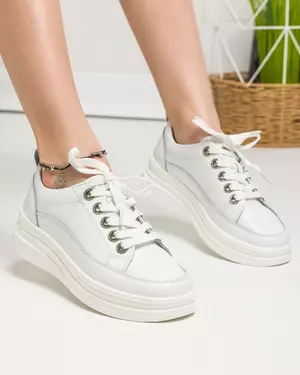 Pantofi casual dama piele naturala albi inchidere siret AW2023-37
