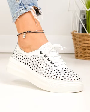 Pantofi casual dama piele naturala albi perforati cu inchidere sireturi JY3230