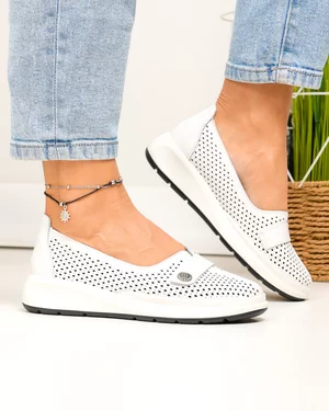 Pantofi casual dama piele naturala albi perforati cu inchidere slip-on si bareta decorativa JY3951