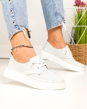 Pantofi casual dama piele naturala albi perforati cu siret elastic T-9000
