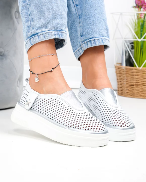 Pantofi casual dama piele naturala albi perforati cu talpa groasa T-9008