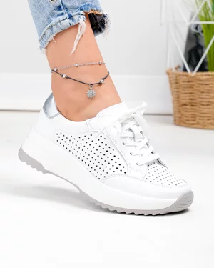 Pantofi casual dama piele naturala albi perforati cu talpa usor flexibila T-2820