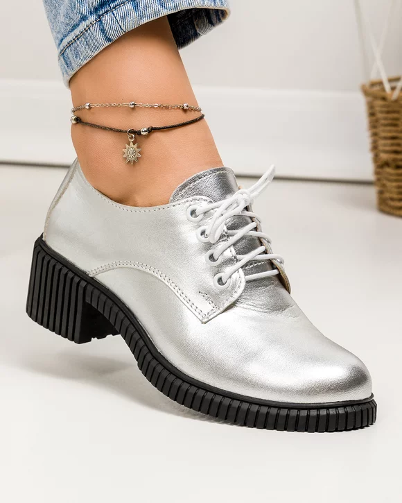 Pantofi casual dama piele naturala argintii cu inchidere sireturi PC836