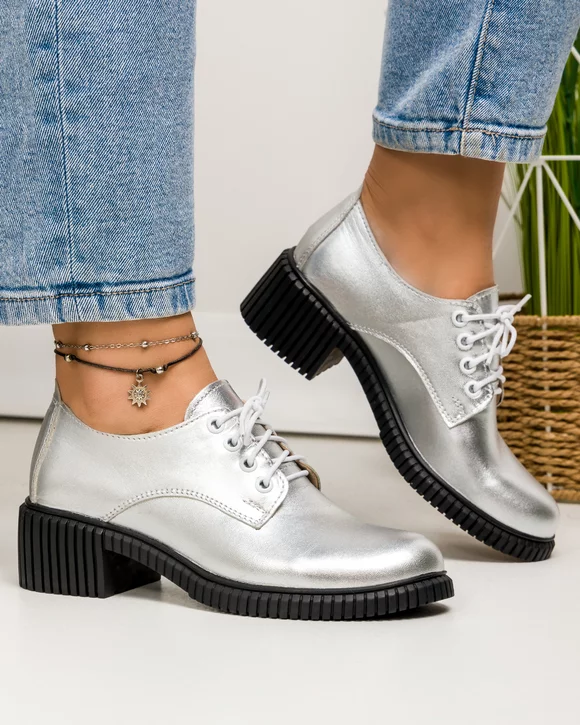 Pantofi casual dama piele naturala argintii cu inchidere sireturi PC836