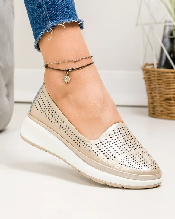 Pantofi casual dama piele naturala aurii perforati JY3952