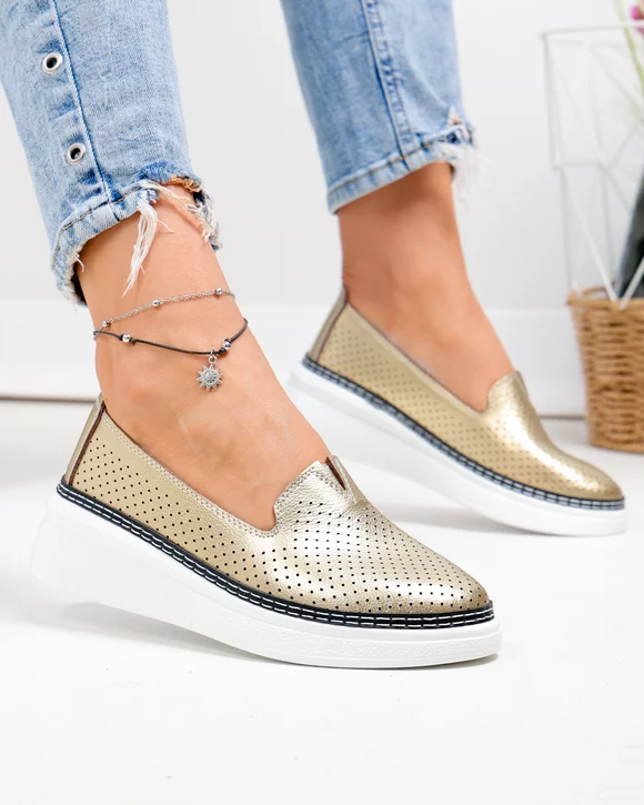 Pantofi casual dama piele naturala aurii si inchidere slip-on JY6701