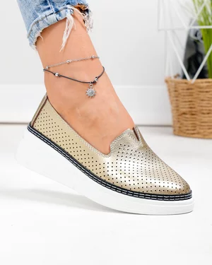 Pantofi Casual - Pantofi casual dama piele naturala aurii si inchidere slip-on JY6701