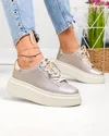 Pantofi casual dama piele naturala auriu cu sclipici si inchidere sireturi F002-426B 1
