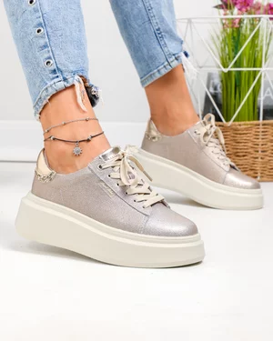 Pantofi casual dama piele naturala auriu cu sclipici si inchidere sireturi F002-426B