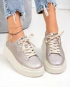 Pantofi casual dama piele naturala auriu cu sclipici si inchidere sireturi F002-426B 2